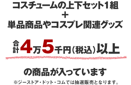 コスチュームの上下セット1組+単品商品やコスプレ関連グッズ合計4万5千円（税込）以上の商品が入っています。※ジーストア・ドット・コムでは抽選販売となります。